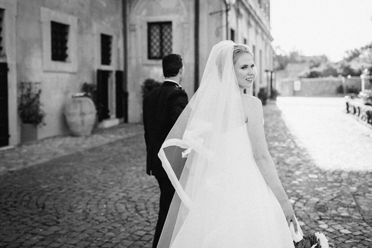 Bride and groom walking at wedding venue