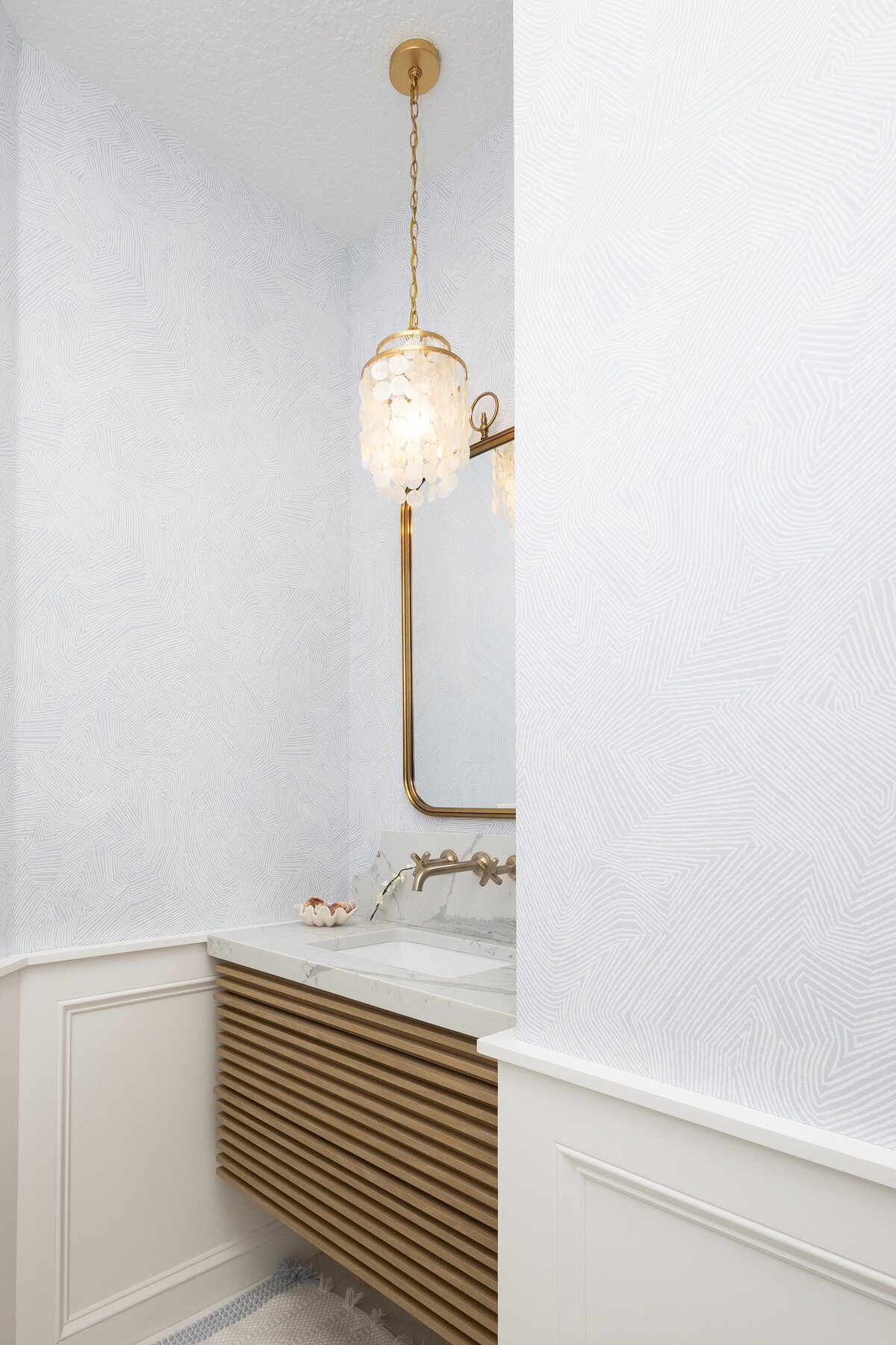 dewine design orlando interior designer contemporary coastal powder bathroom bright bathroom with wooden slated vanity