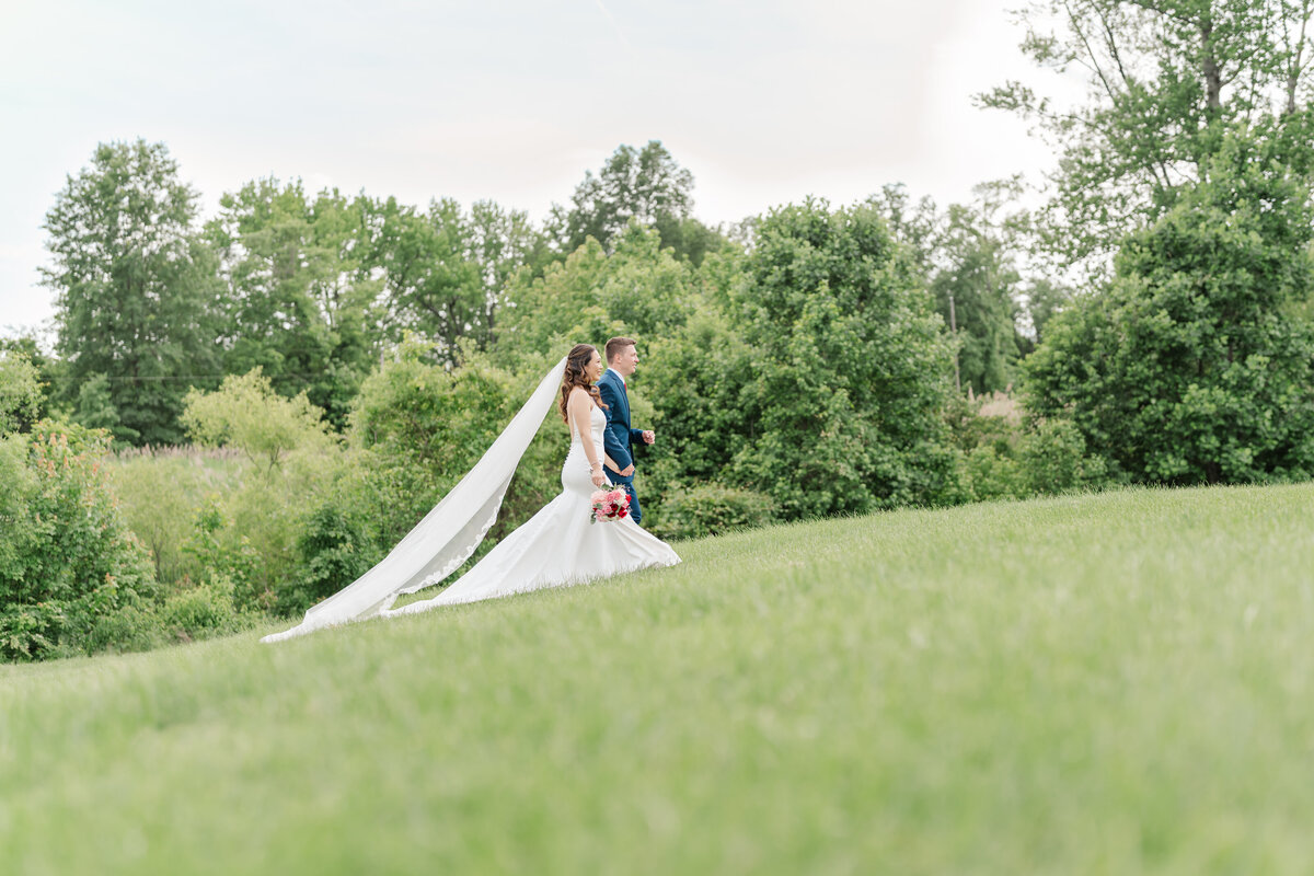 couple walking up the hill with a long veil at the osprey's at belmont bay in virginia
