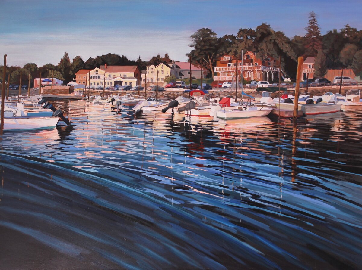 Painting of Stony Creek Harbor at sunset with blue water boats and colorful coastal homes, acrylic painting, 36 x 48" by Linda Marino
