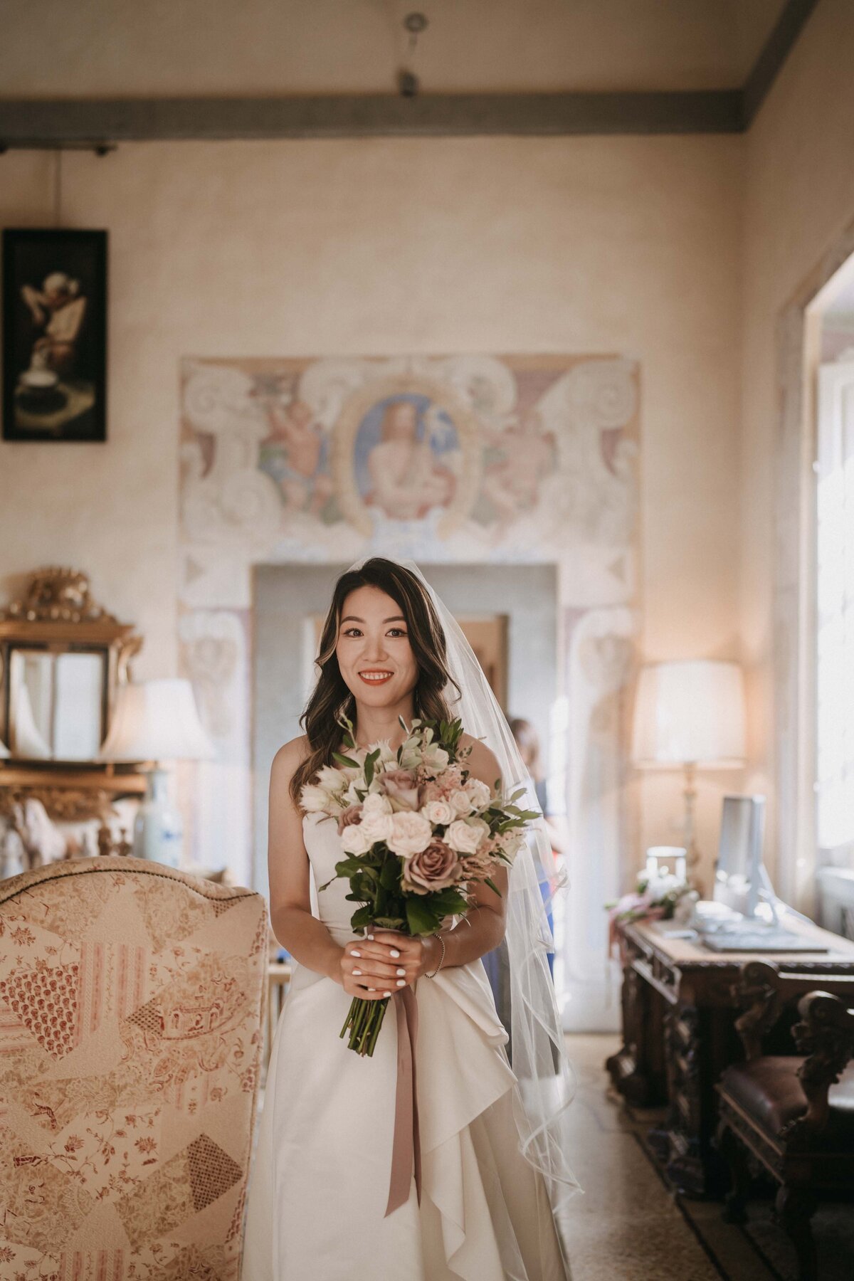 elegant bride before the ceremony at villa mangiacane