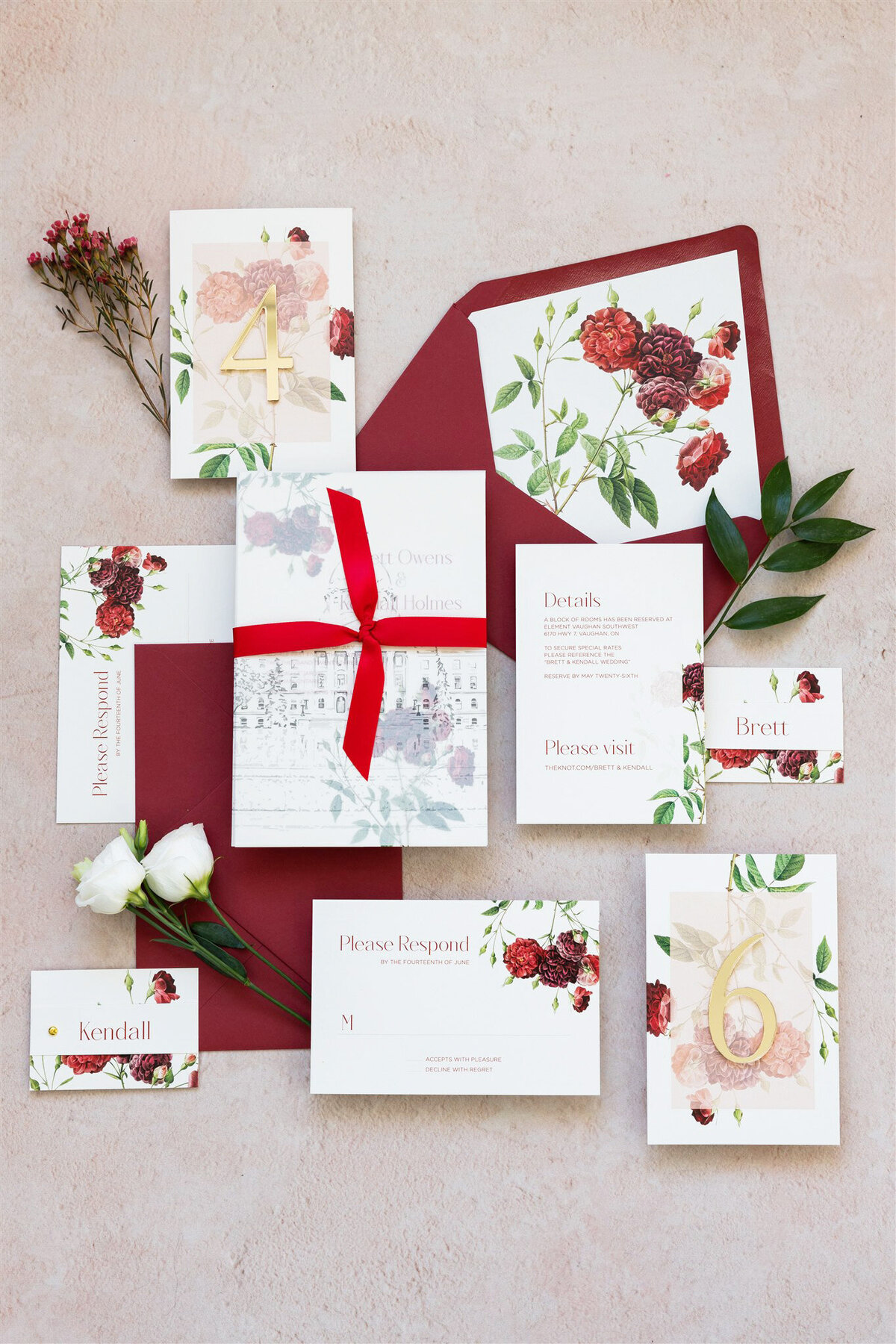 Burgundy florals wedding invitation 1
