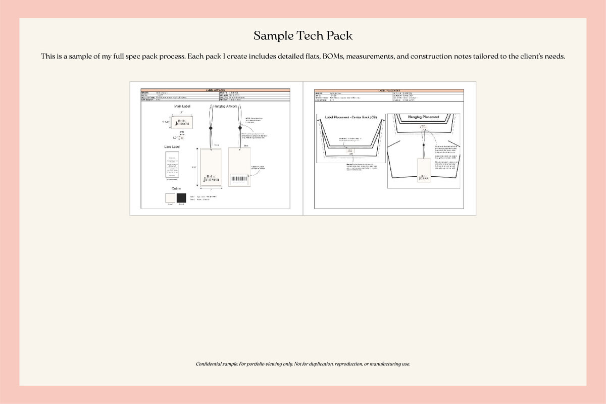 Detailed example of a women’s dress tech pack created by Doreen Apparel showing flat sketches, garment measurements, main label placements, construction callouts for production development.