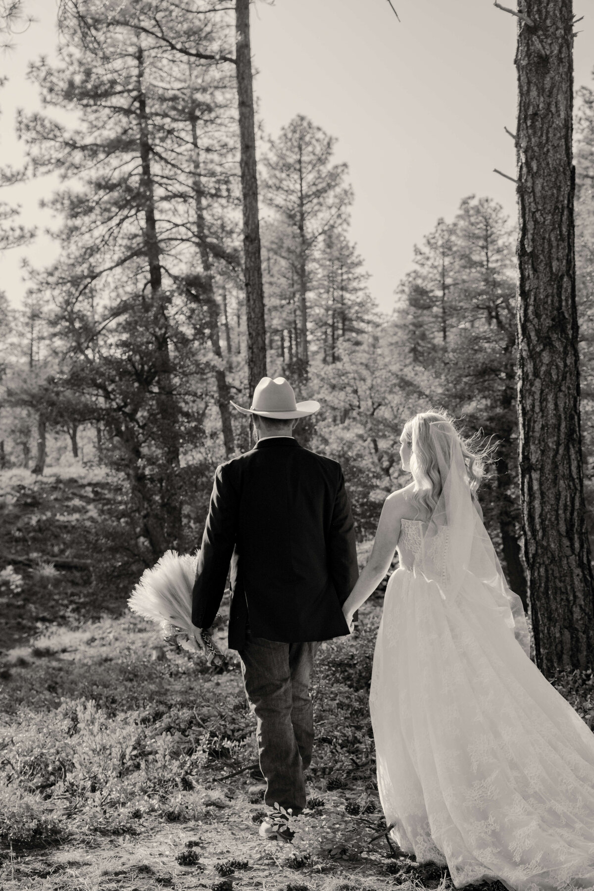 Black and white photo of bride and groom holding hands during Arizona golden hour.