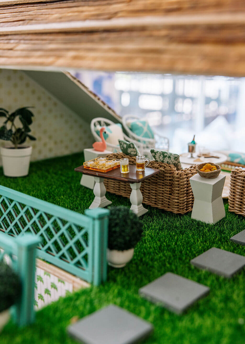 oyster creek studios petite palm beach dollhouse turf floor with wicker furniture and plants
