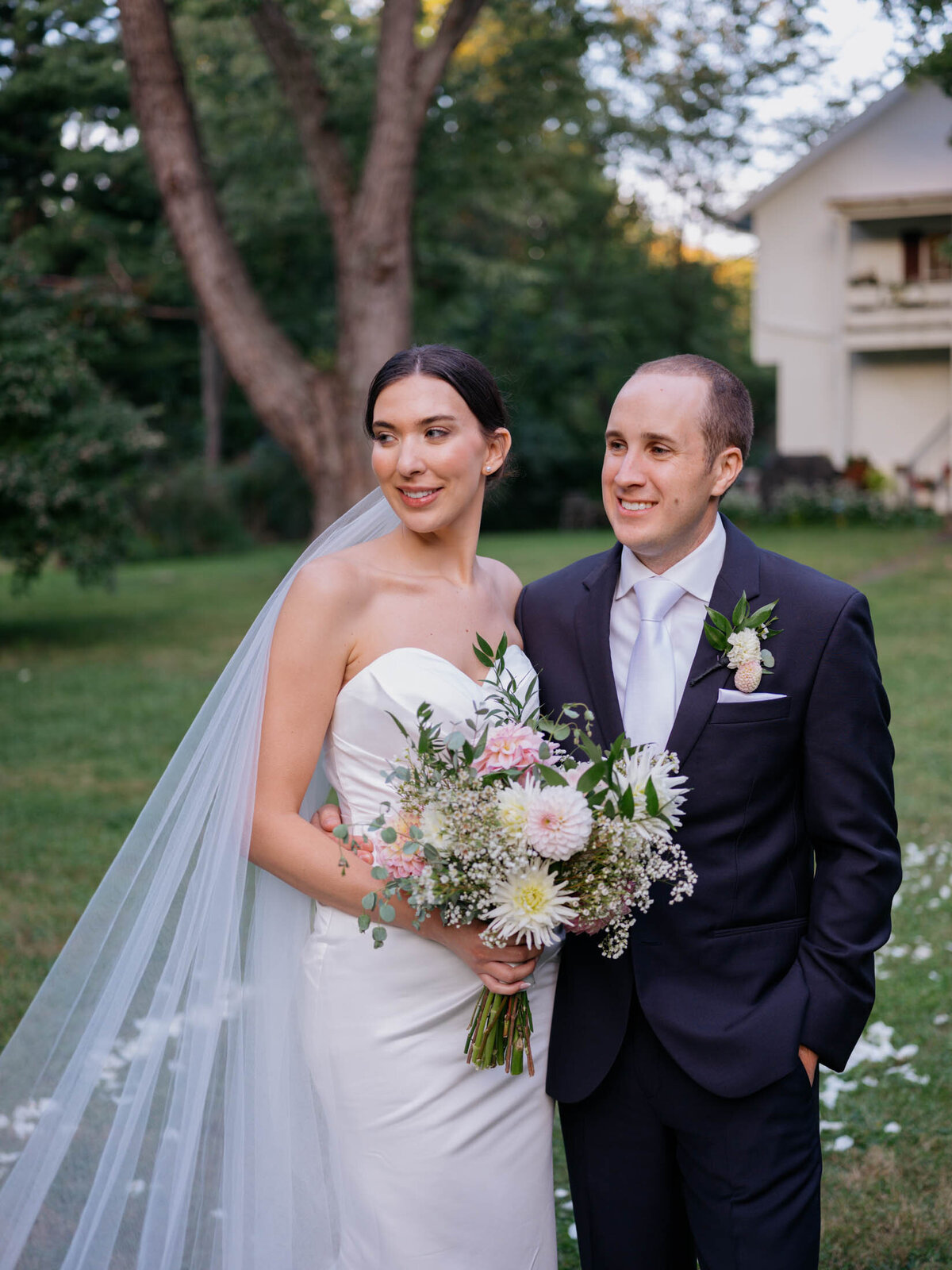 Classic bride and groom portrait at their private residence tented wedding.
