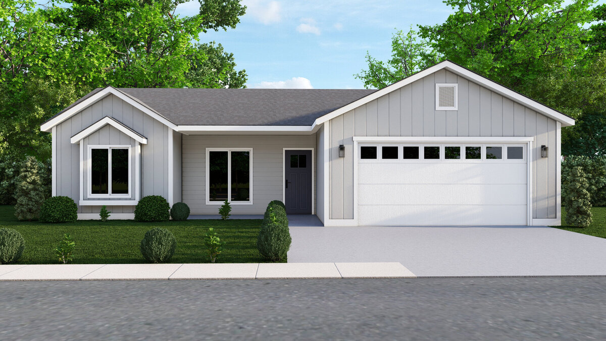 gray house with landscaping in front on a quiet street
