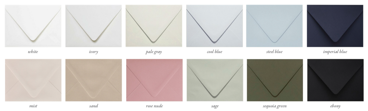 Envelope selections and color palette for wedding stationery