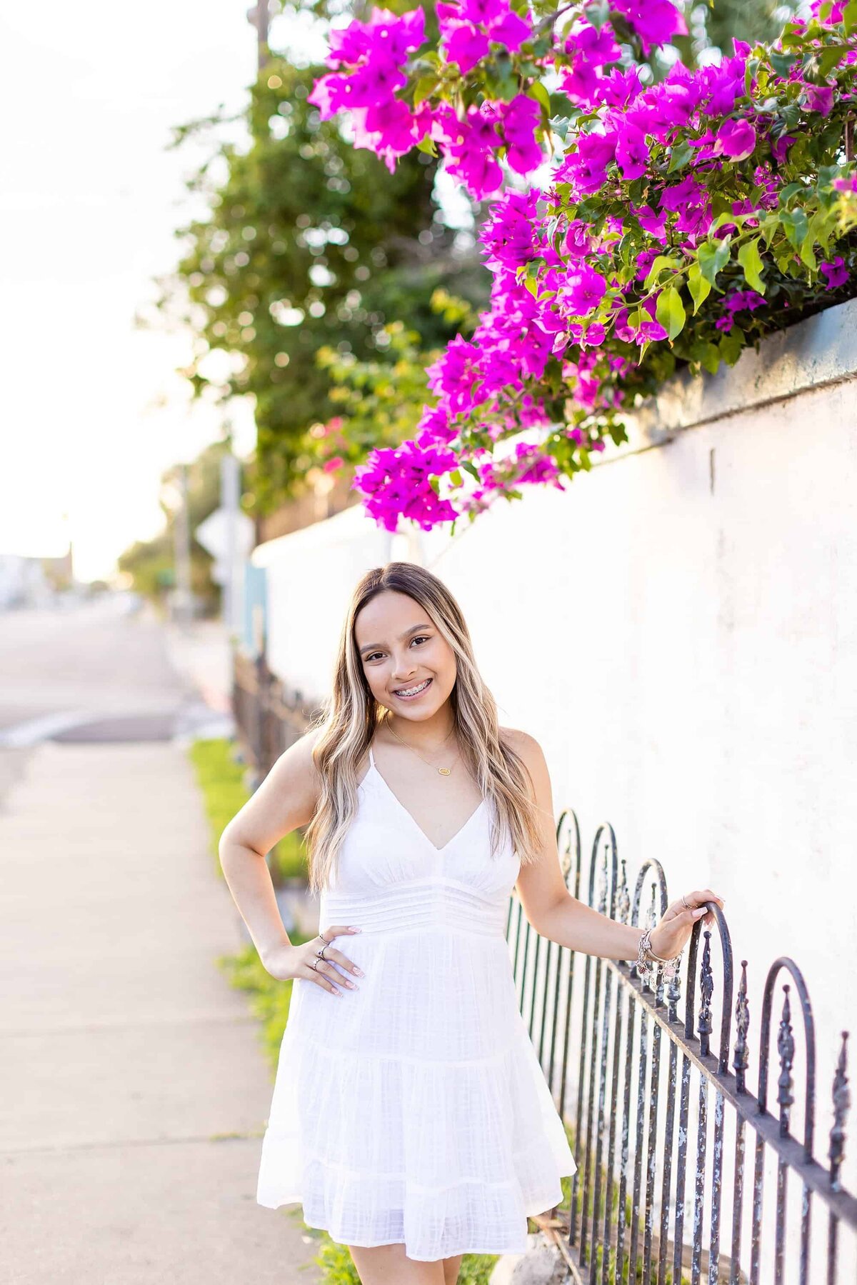 Senior girl white dress with pink flowers