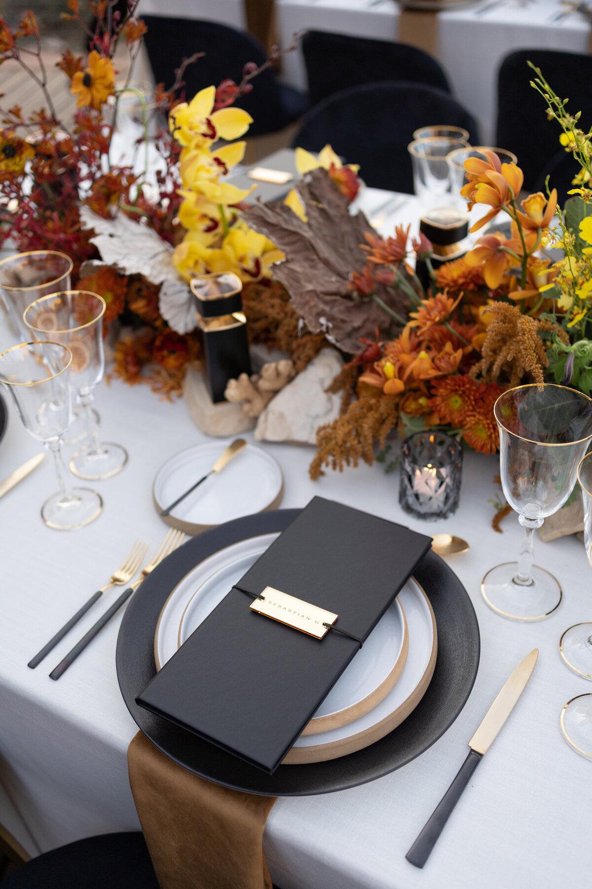 black and gold fall tablescape