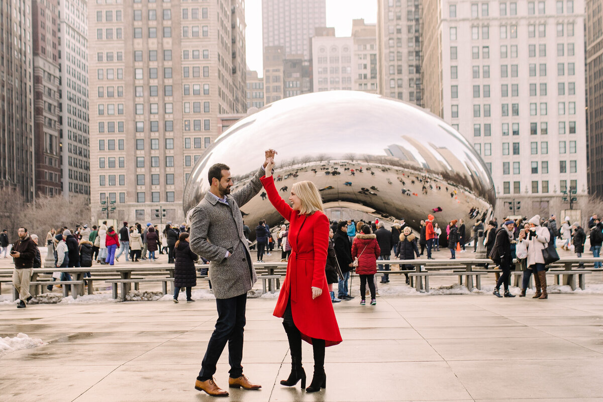 Winter engagement photo in Chicago's Millennium Park