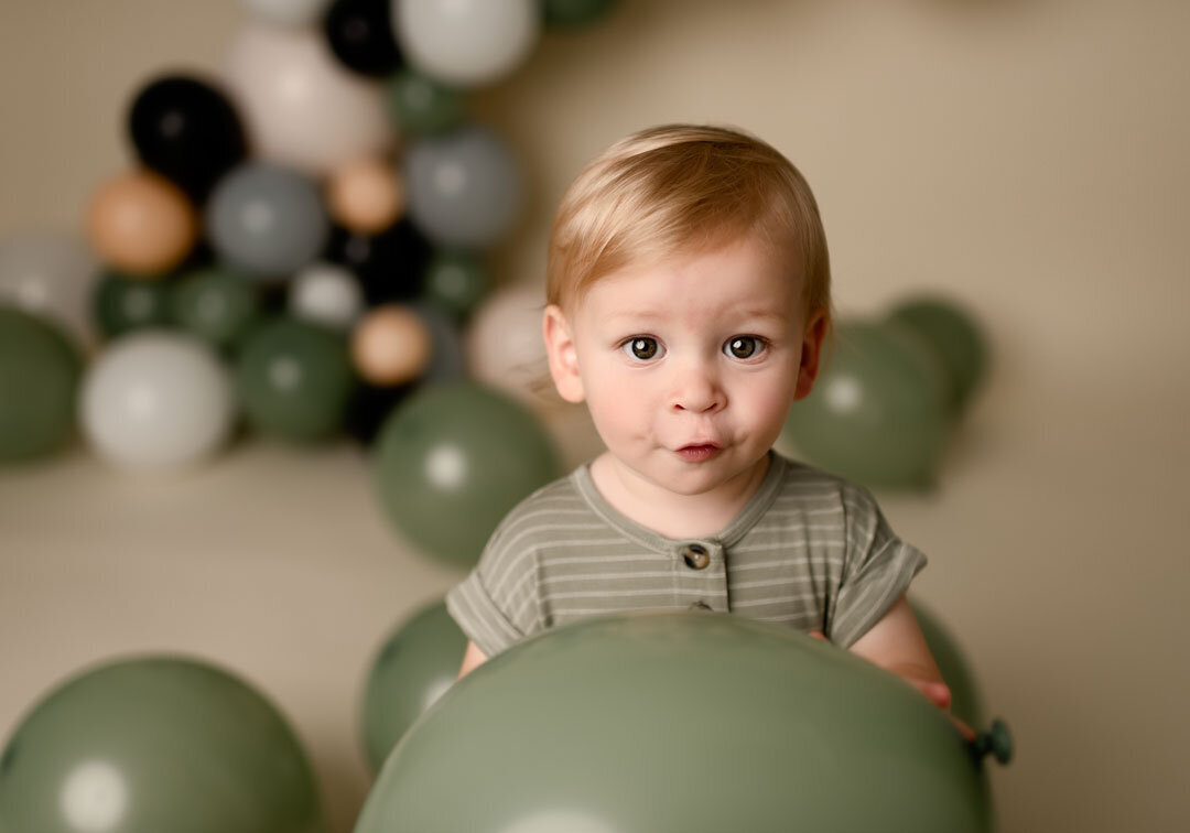 Children Milestone Photography Curious Look with Balloons by For the Love Of Photography