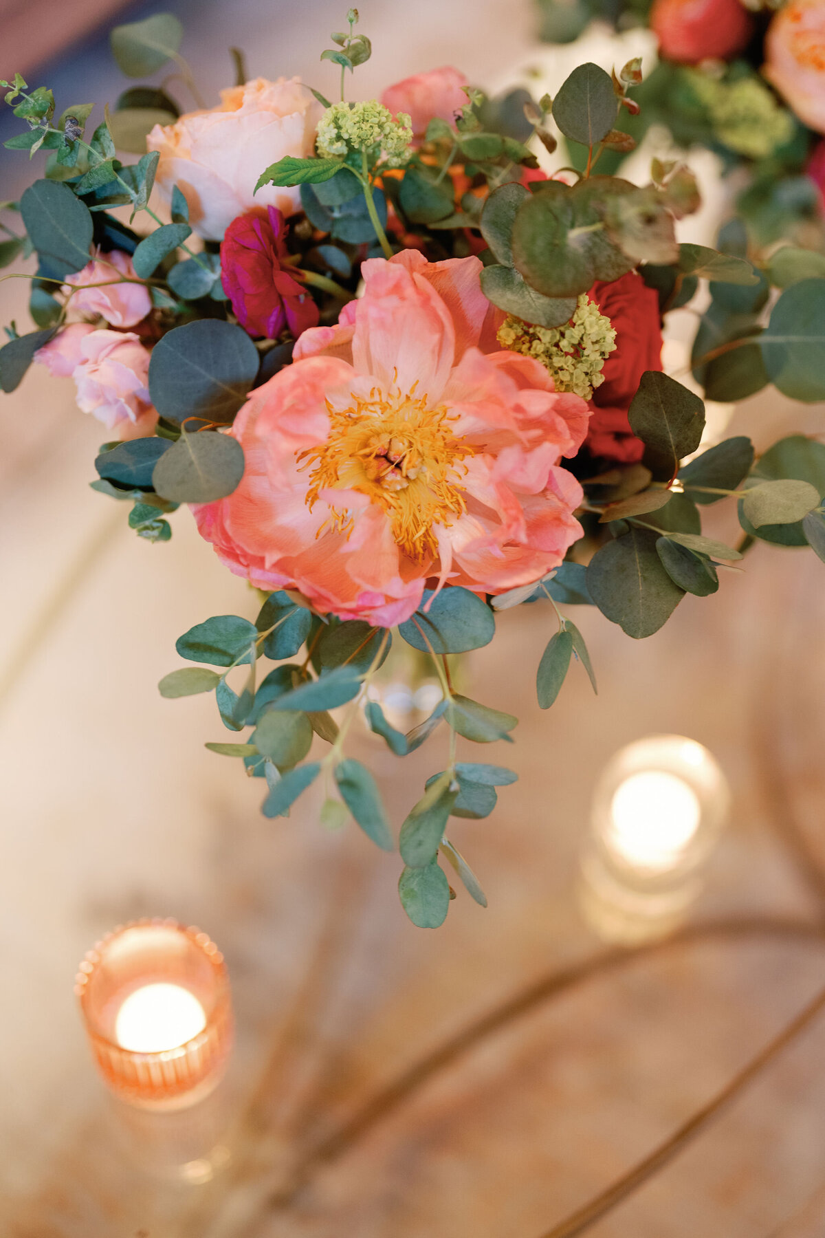 Close up of the floral arrangement at the wedding. 