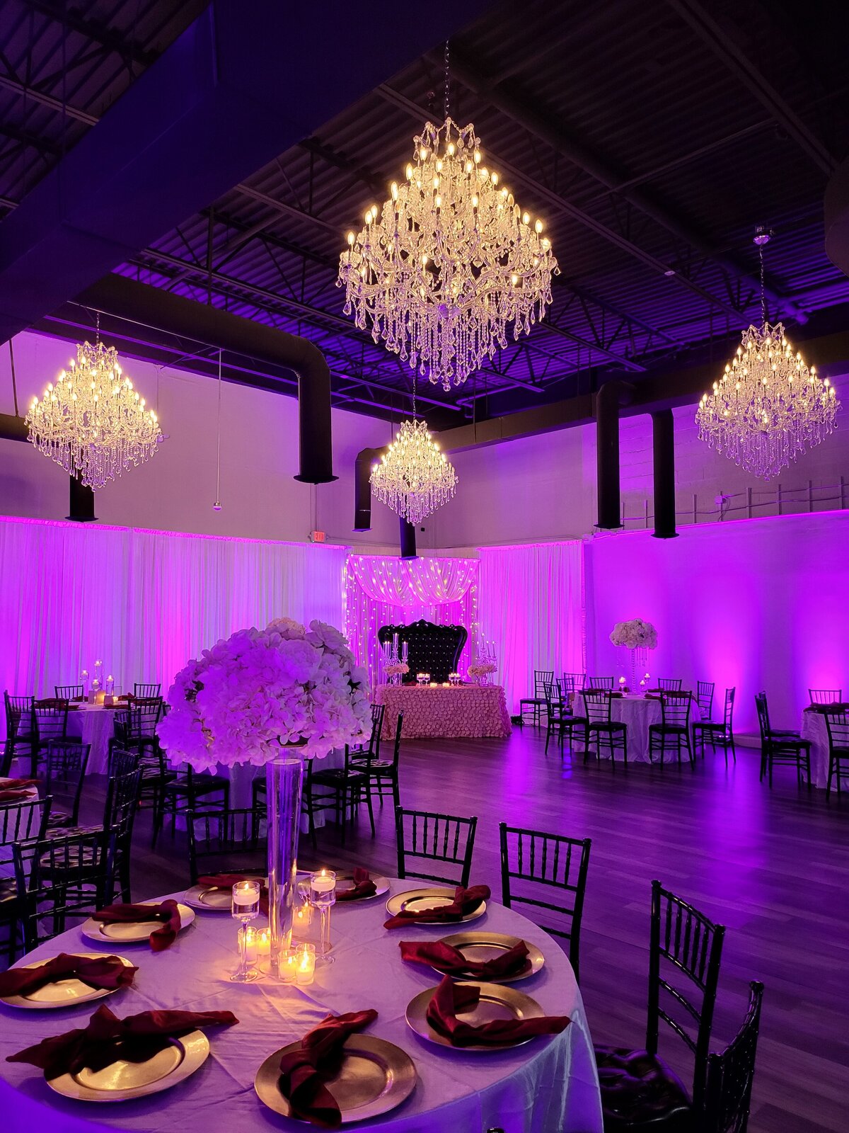 Wedding Event with Window Drapery Canopy Throne Loveseat Rentals in Metro Detroit