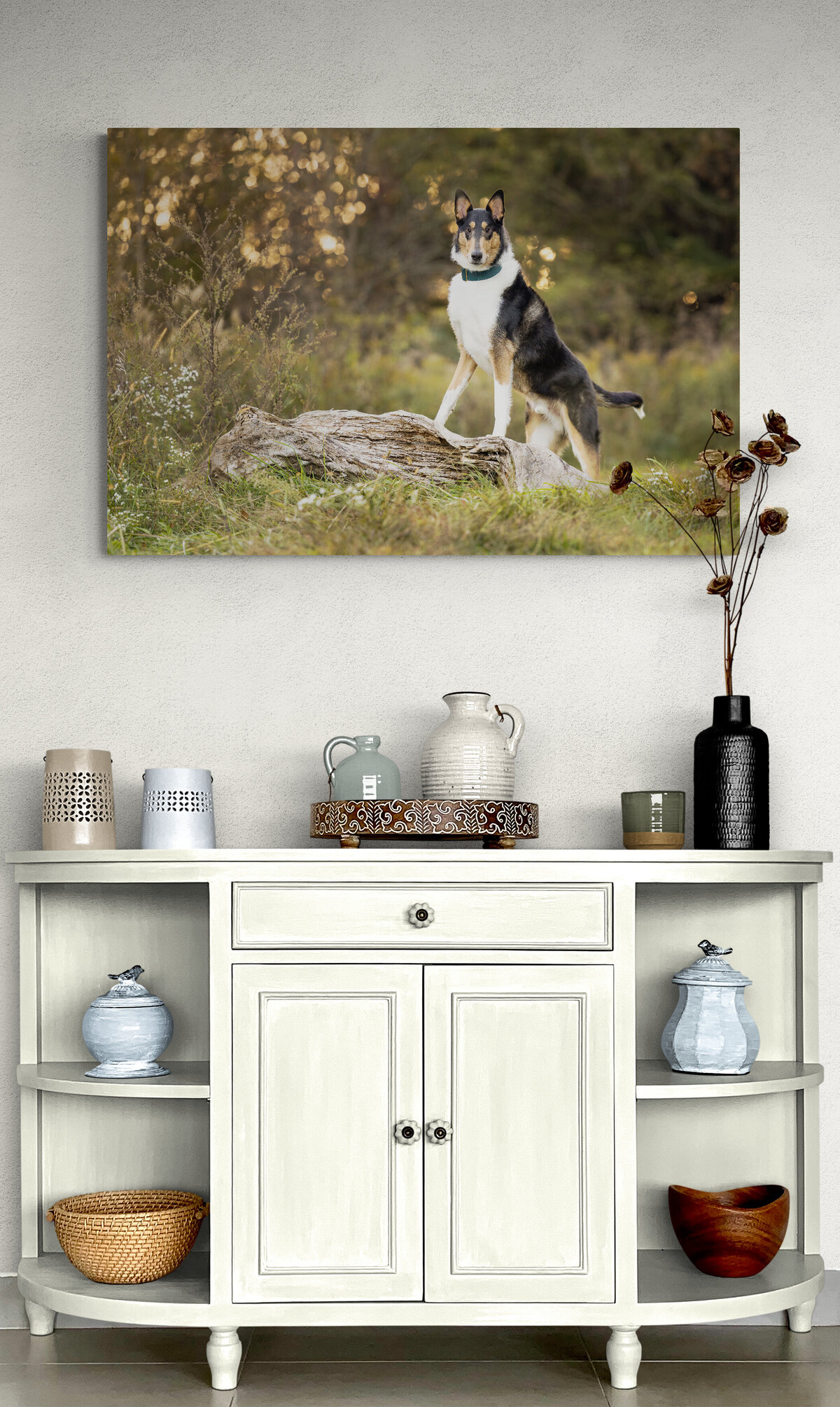 collie frame above cabinet