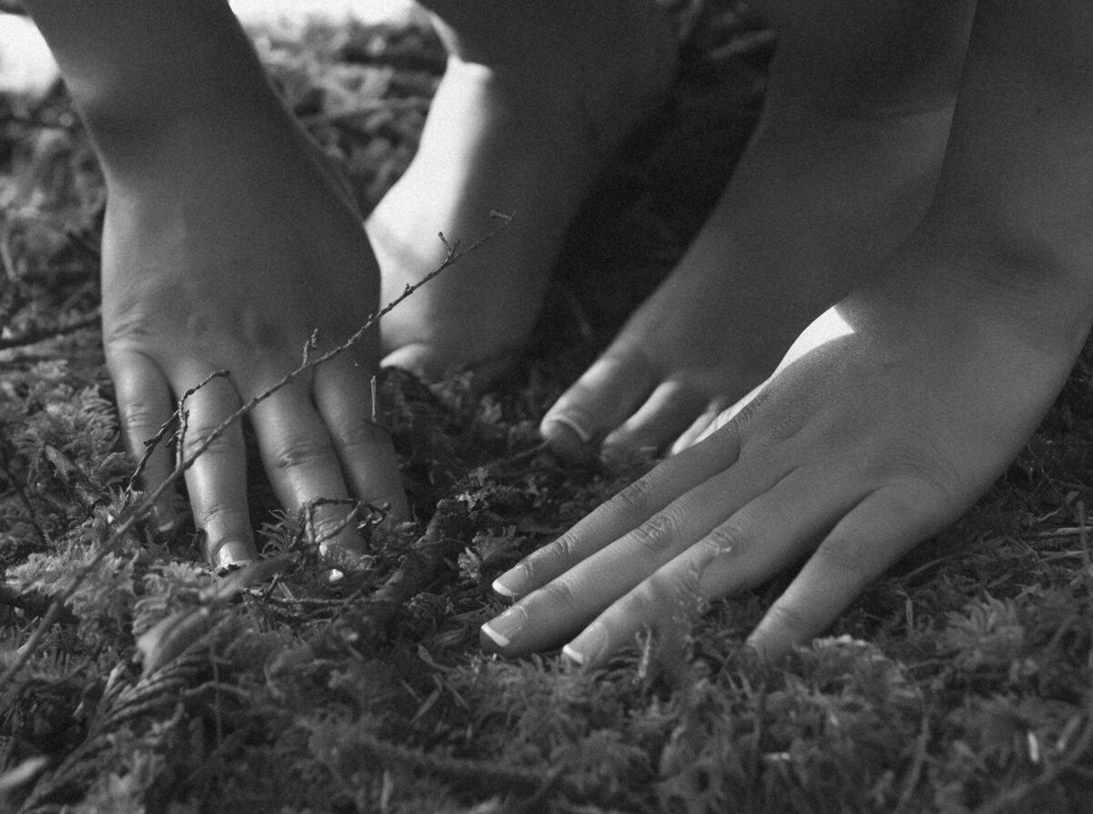 close up of woman's hands touching the lush forest floor in Oregon