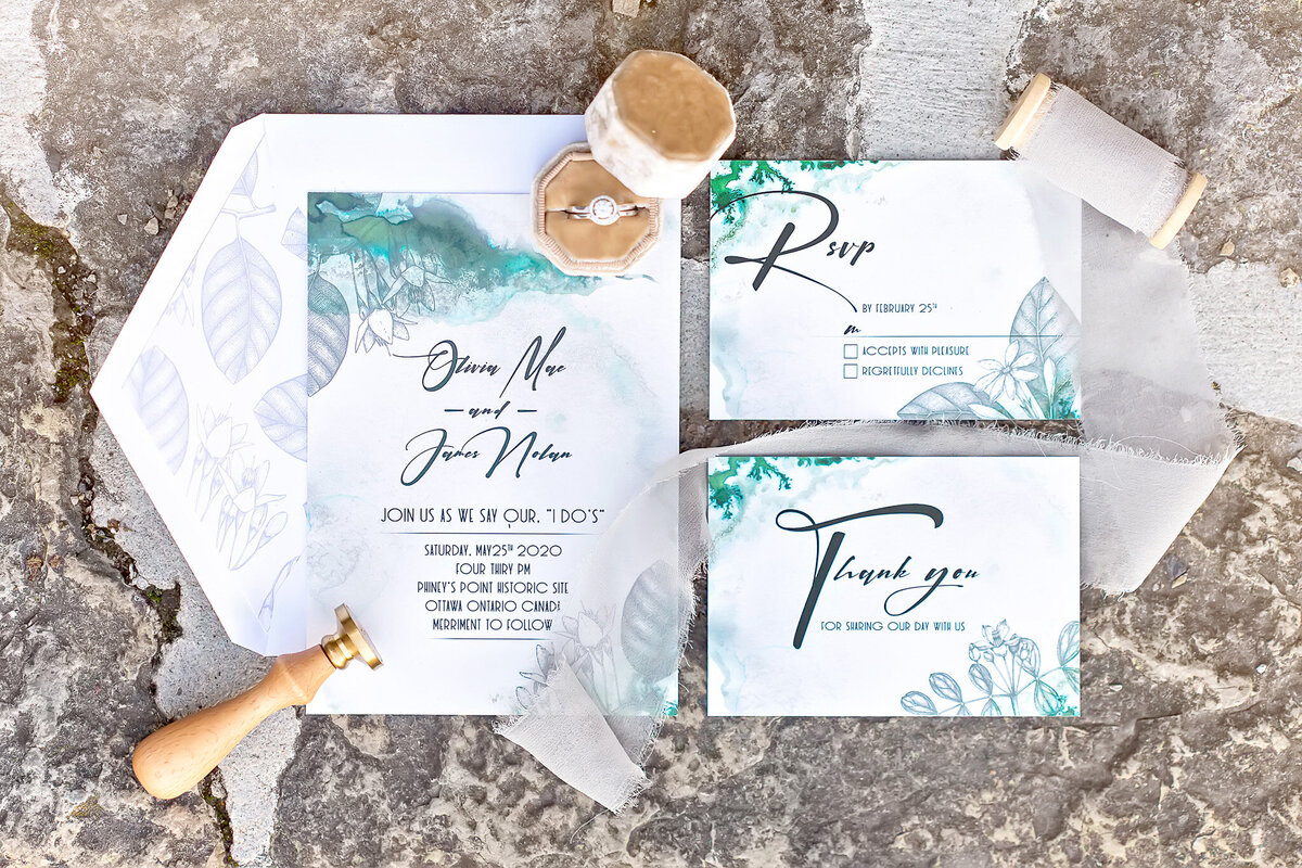 Luxury wedding invitation suite with and baby blue accents, olive branch print at Tuscan wedding