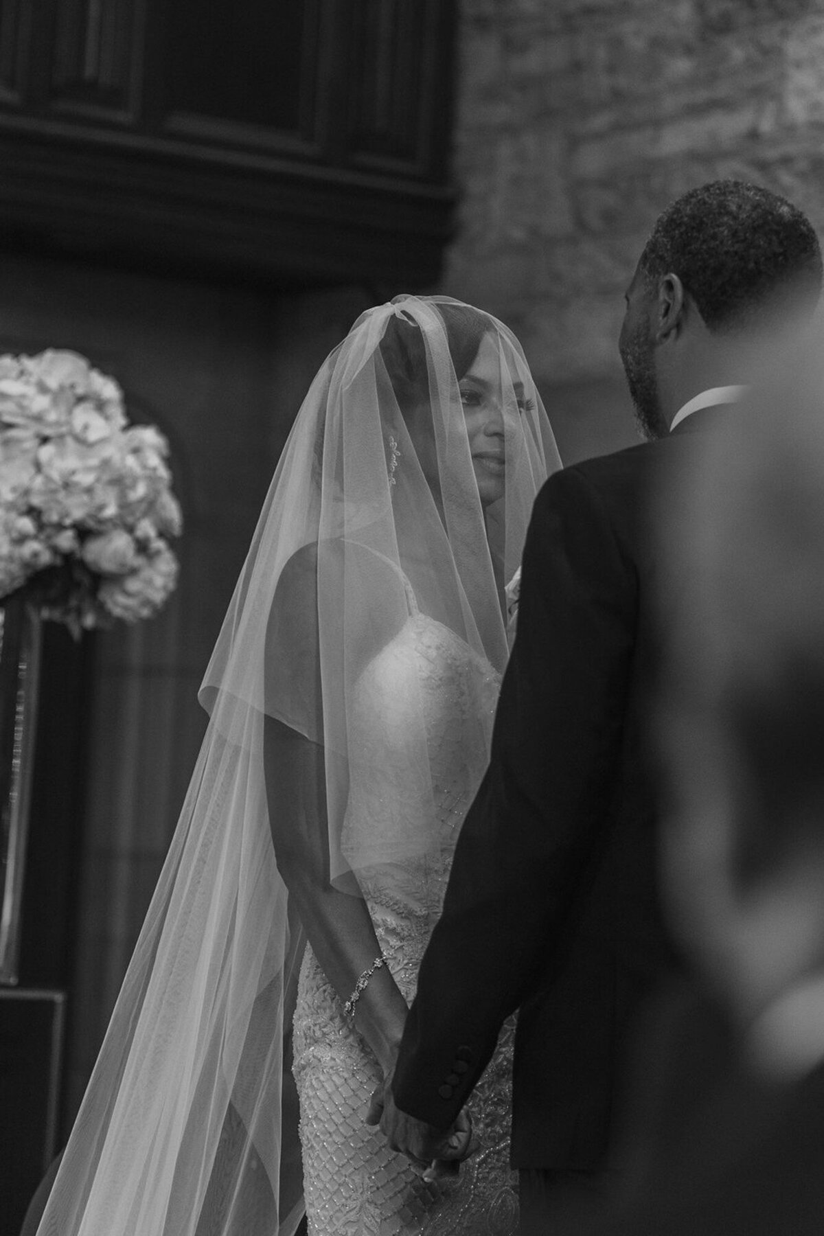 bride with cathedral veil at wedding