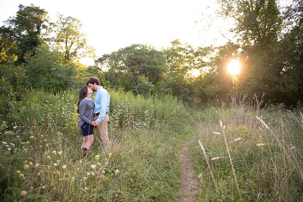 Engaged couple kissing in a meadow of tall grasses at sunset in Pittsburgh, PA