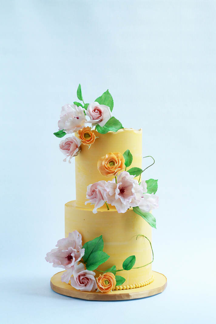 two tier floral yellow wedding cake, Hamilton ON wedding cakes