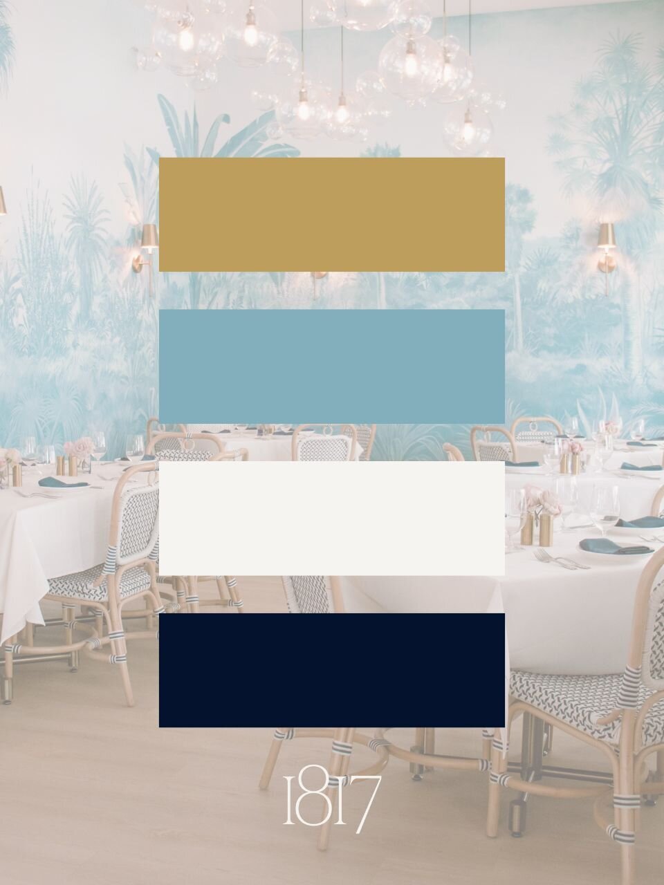 Color palette featuring coastal blue, navy, ivory, and gold layered over elegant restaurant interior