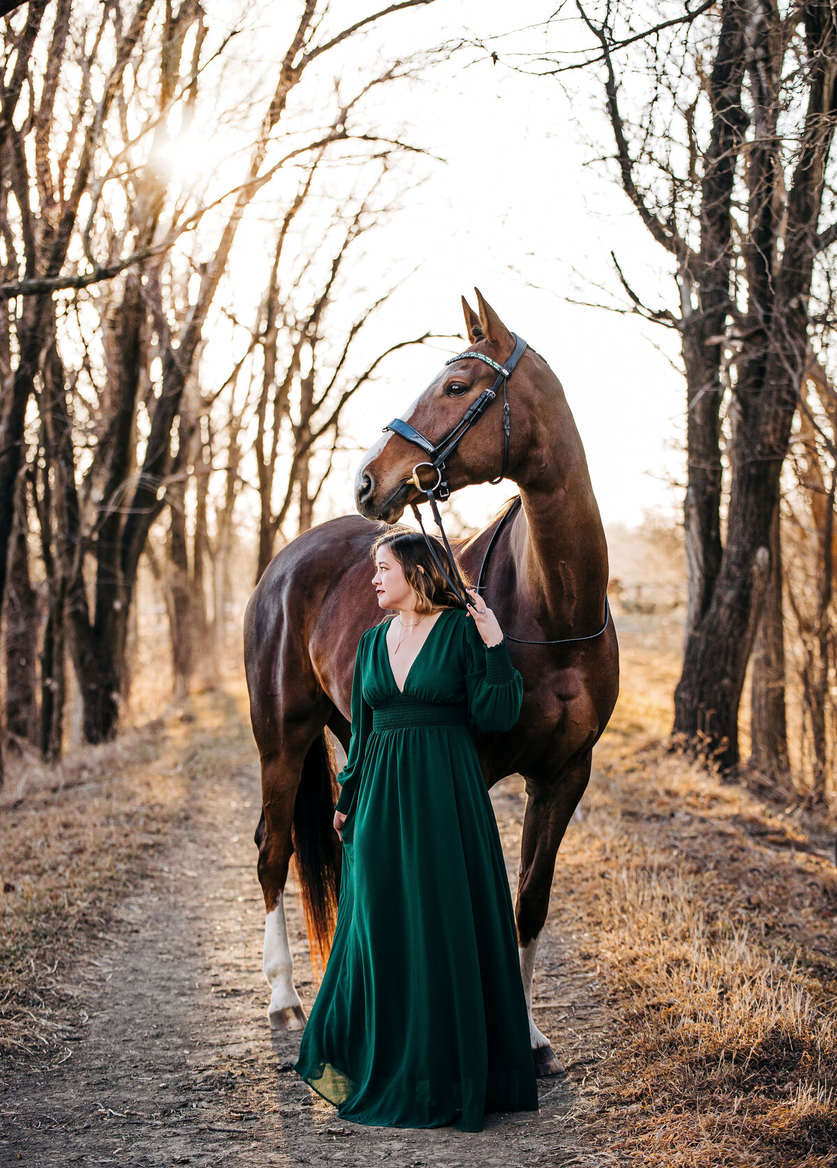 girl in green prom dress with horse