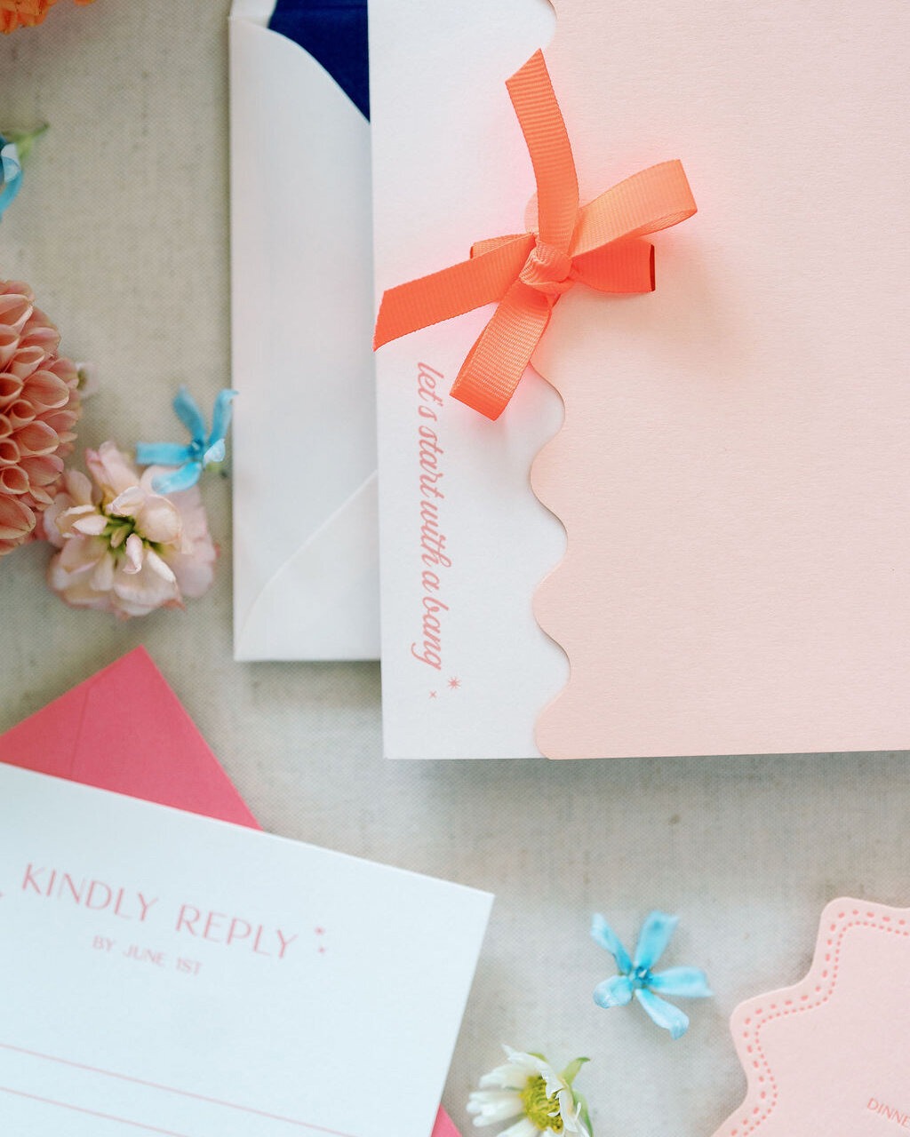 Dominique Alba Studio custom die cut wedding invitations wavy peach California wedding