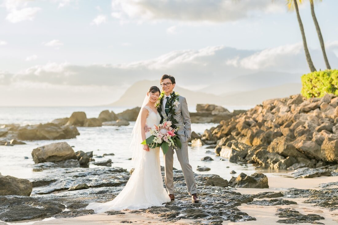 Bride and groom during beach wedding ceremony