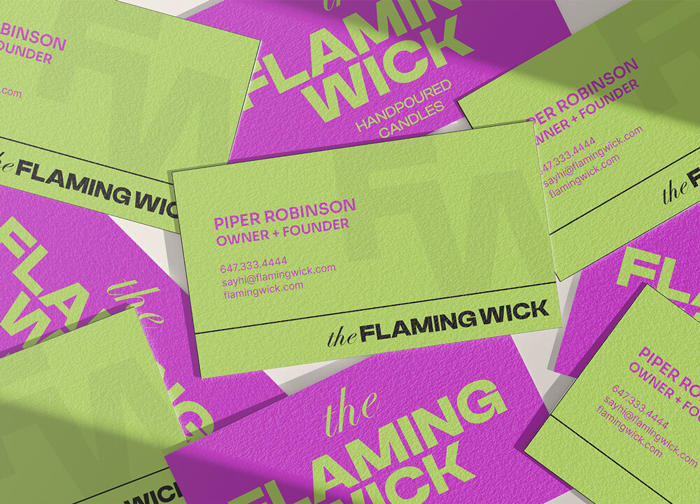 Business cards for The Flaming Wick, a hand poured candle brand