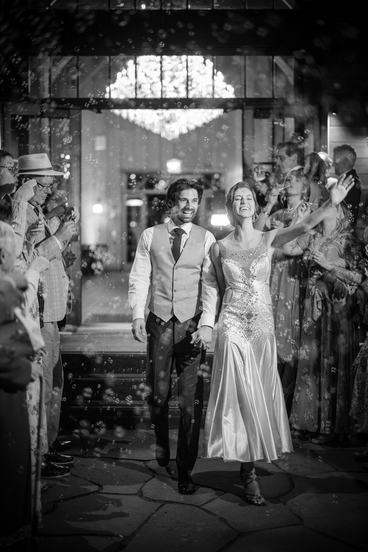 A bubble exit at a destination wedding at Nestldown in Los Gatos, California