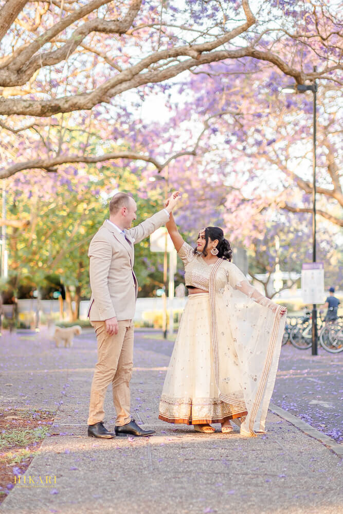 Disney inspired dreamy engagement session in jacarandas UQ university of Queensland Brisbane