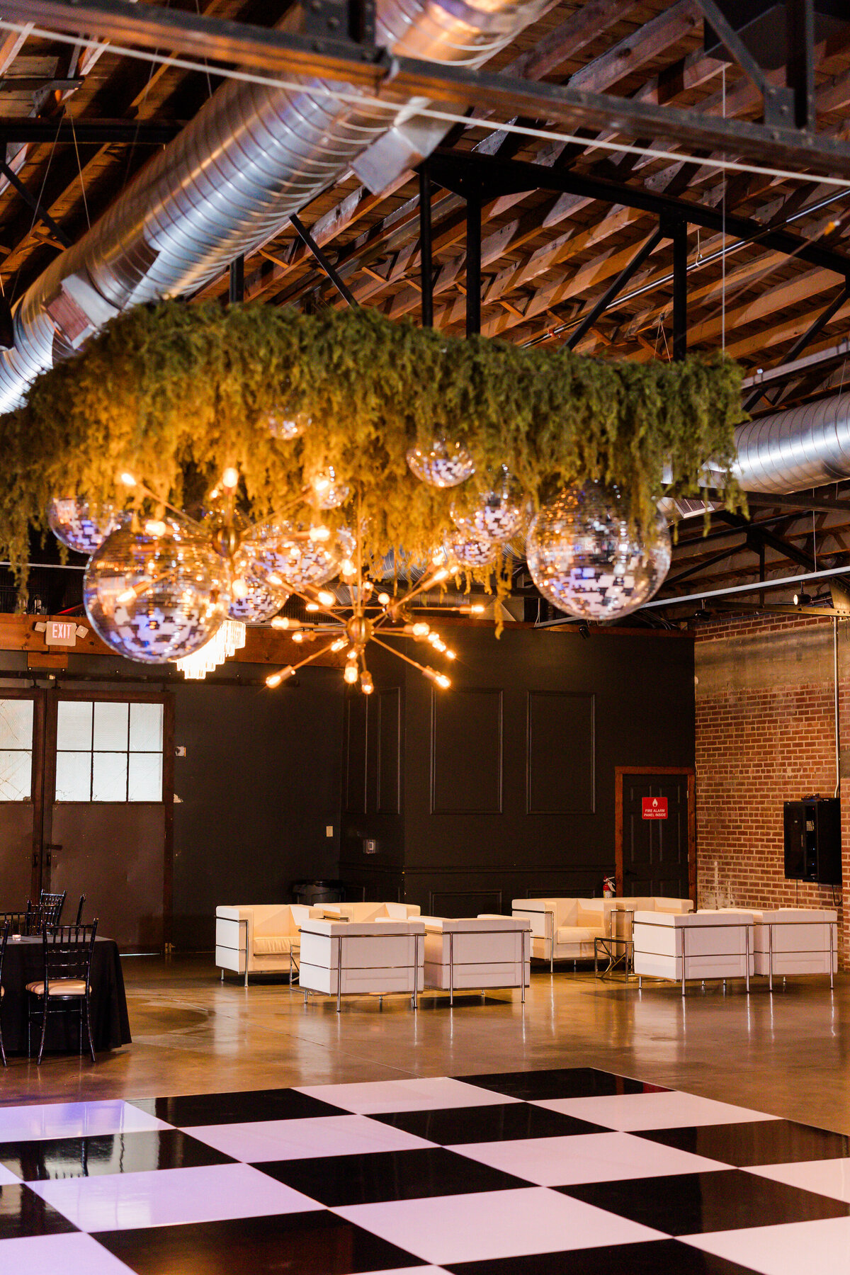 Greenery Grid + Sputnik Chandeliers + Disco Balls