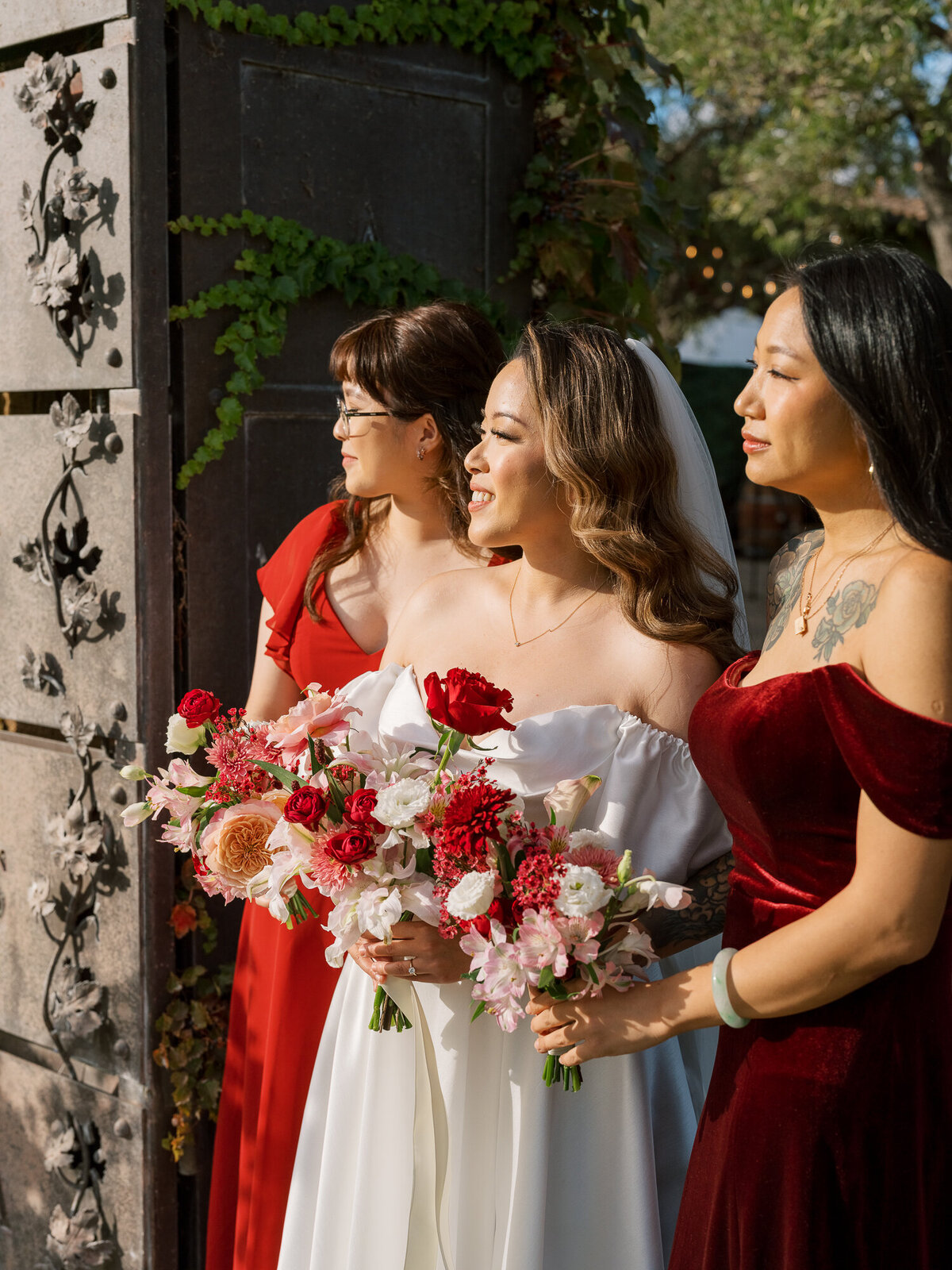 red florals and bridesmaid dresses wedding