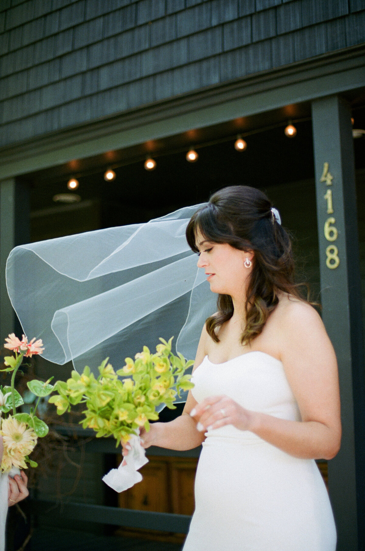 Bride's veil blowing in the wind at The Griffin House in Hood River.