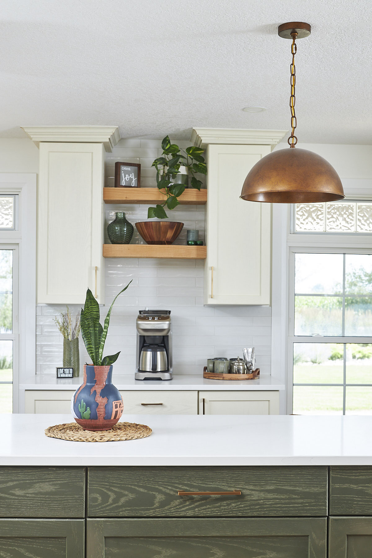 Green Kitchen Island and brace pendent light- W.C Craftsman- 