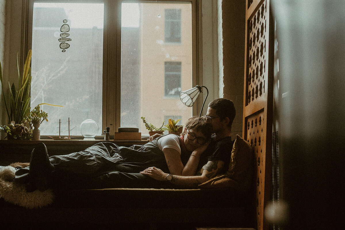 moody in home cozy wes anderson couples session