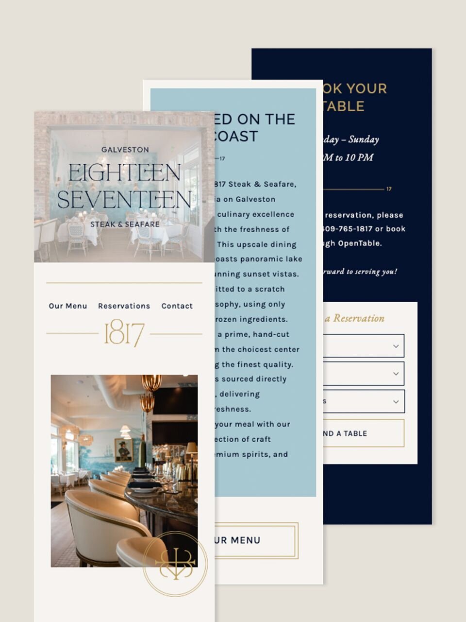 Mobile website mockups featuring digital branding, intuitive layout, and interior photography designed to support the restaurant guest experience.