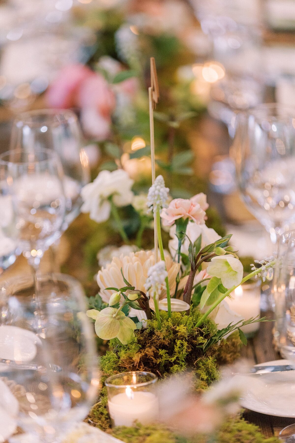 Floral arrangement on a wedding reception table