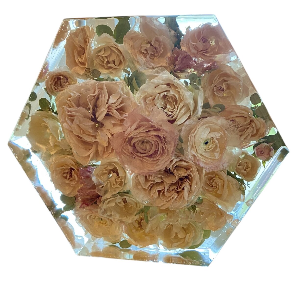 hexagon resin block with pink and cream wedding flowers as a timeless family keepsake