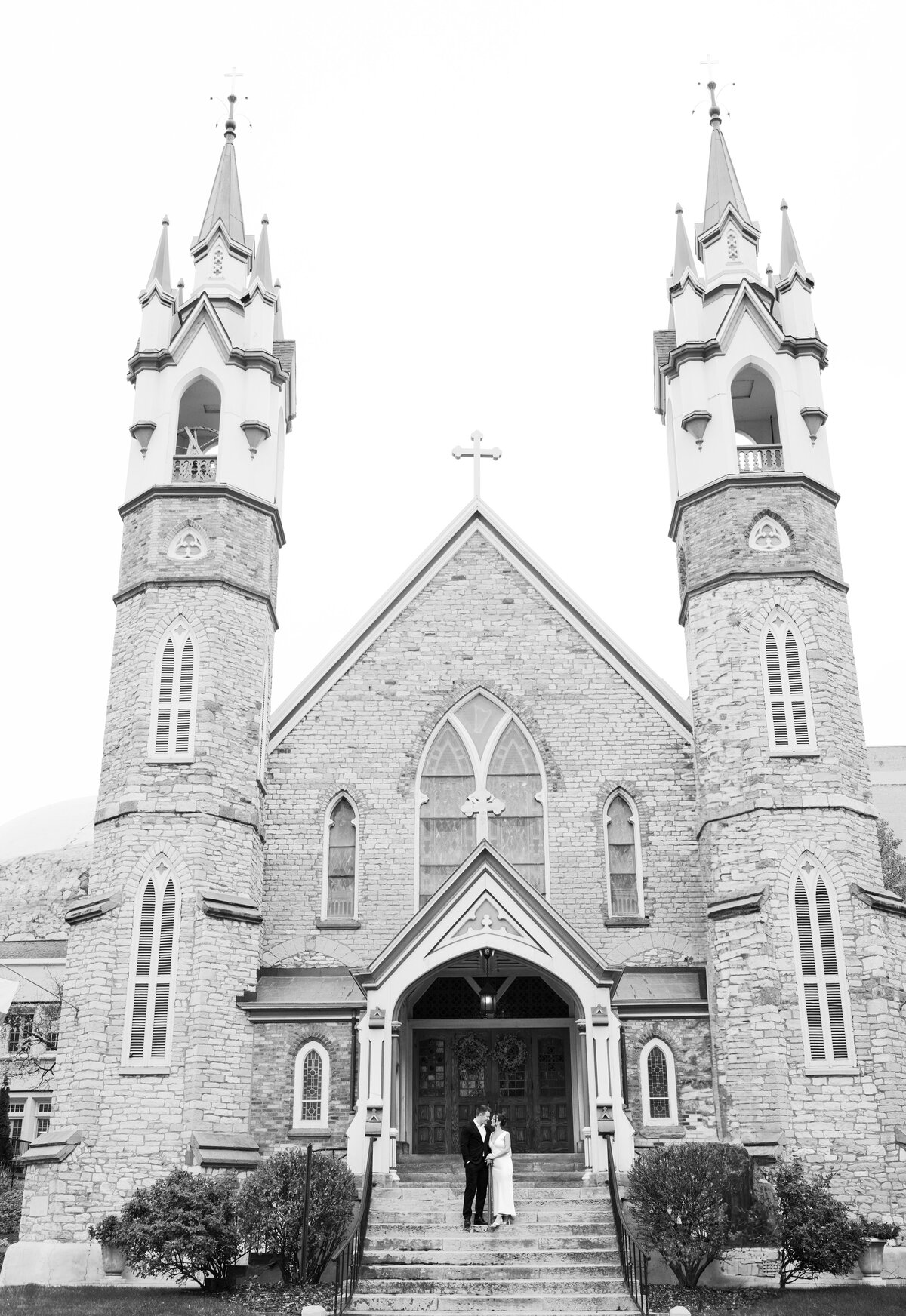 A black and white image of a Church at a wedding downtown Grand Rapids