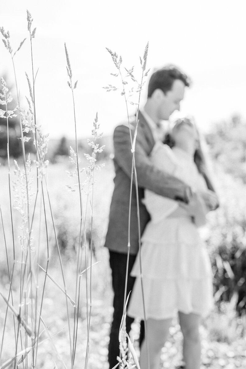 Cooperstown engagement photo of couple in the background with tall grass in front of them