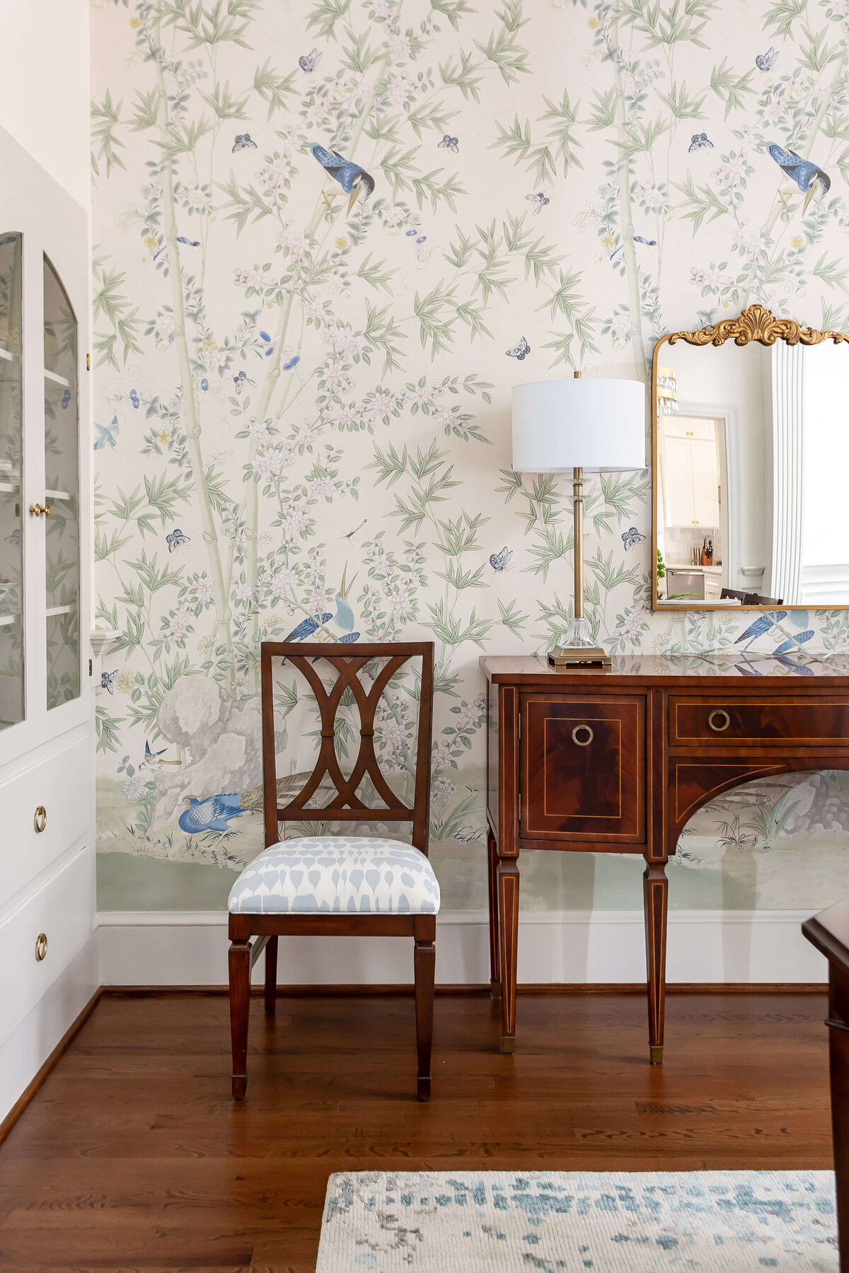sweet southern home post project heron wallpaper and wooden table and chairs