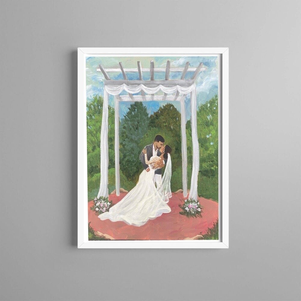 A Live wedding painting featuring a bride and groom during their first kiss. A Ruby pacakge