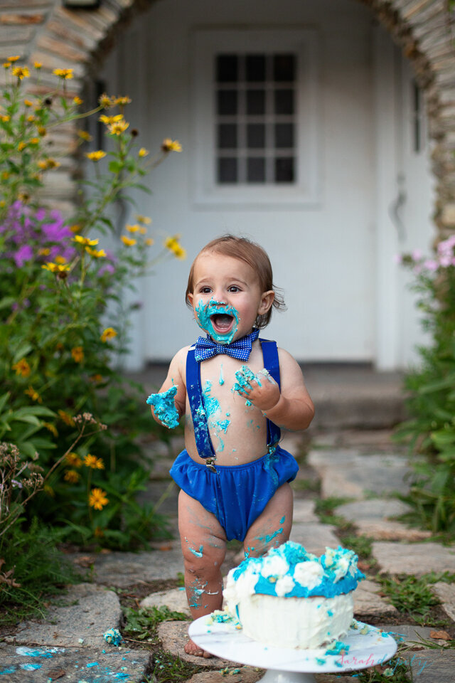 A hapy toddler boy covered in blue cake icing wearing blue suspenders and bowtie stands in a garden path behind his birthday cake