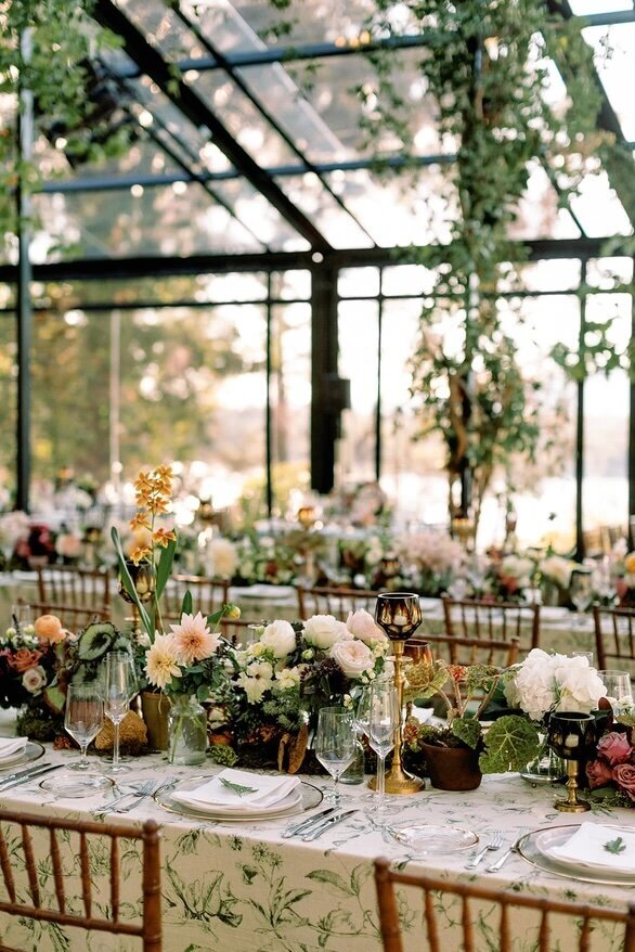 Romantic garden wedding tablescape with blush florals and natural textures, inspired by Sycamore Bend Estate’s outdoor feel