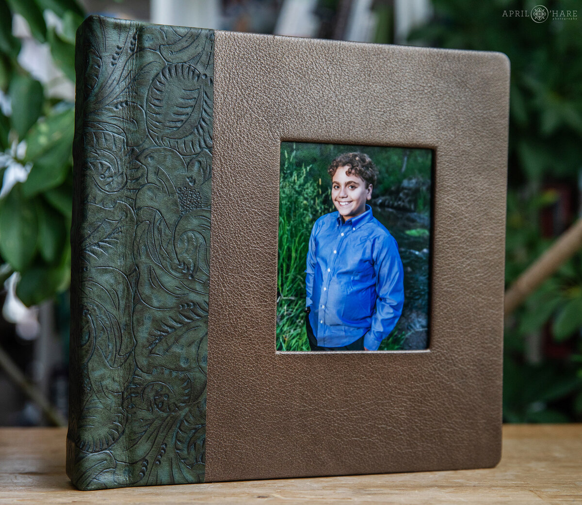 Square Bar Mitzvah Album with a Beautiful Brown Leather Cover and Green Jungle styled leather on spine and back of album
