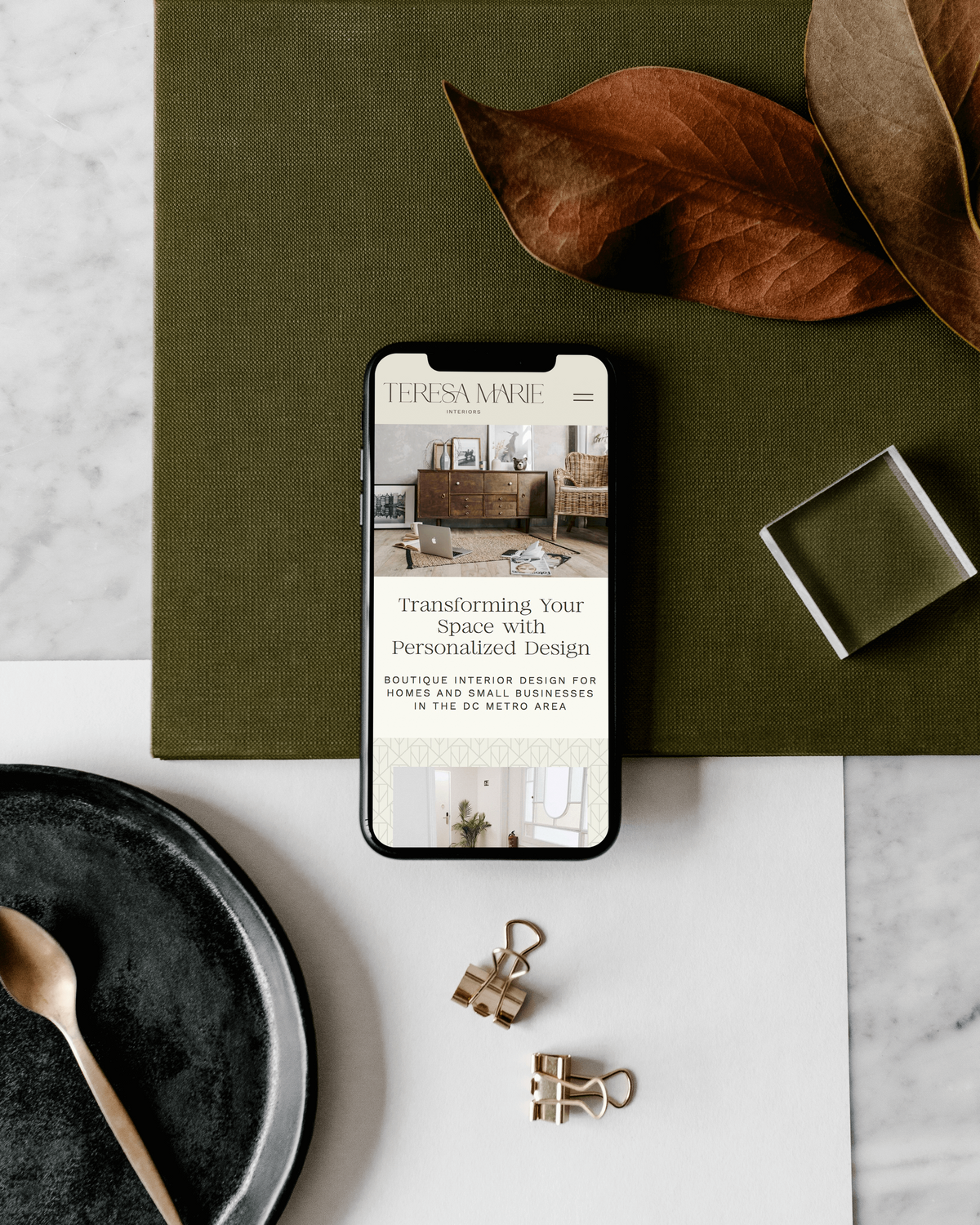 custom mobile web design for Teresa Marie Interiors, featuring an earthy and neutral color palette