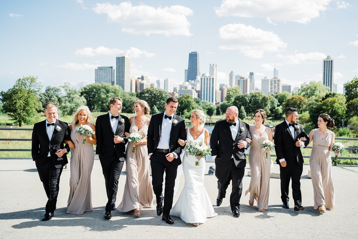 bride and groom lincoln park south pond bridal party