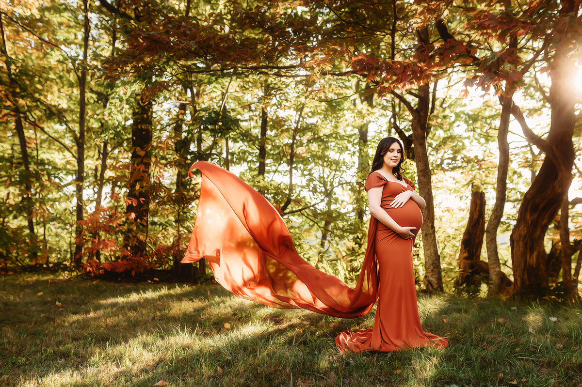 Expectant mother poses for autumn Maternity Photos on the Blue Ridge Parkway in Asheville, NC.