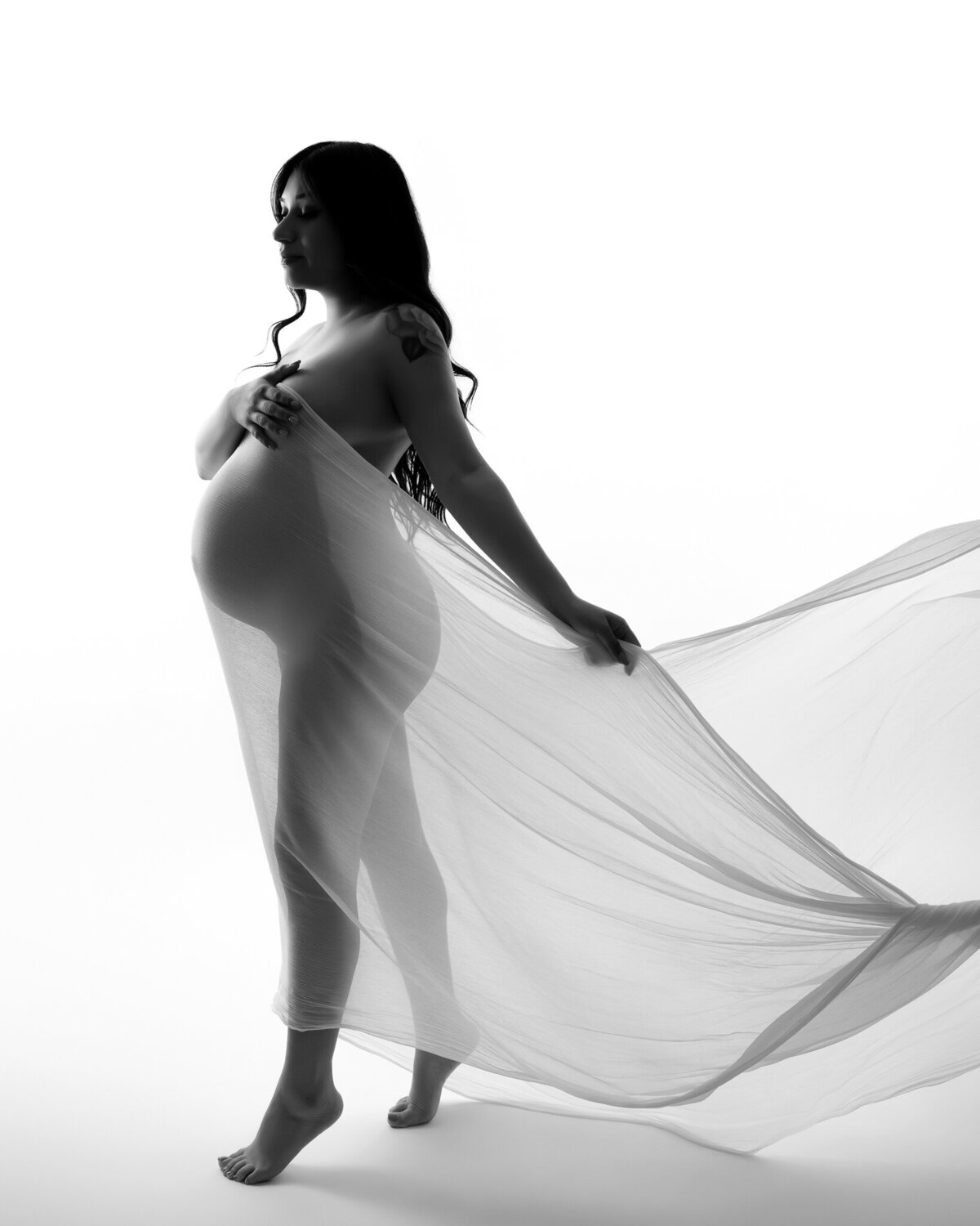 Ethereal maternity portrait in sheer flowing fabric, dramatically backlit to highlight the silhouette of the baby bump.

